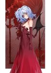  1girl bare_shoulders bat_wings blood blood_splatter blue_hair blush breasts detached_sleeves dress eiferqimuyu highres looking_at_viewer medium_hair red_dress red_eyes remilia_scarlet revealing_clothes small_breasts smile solo strapless strapless_dress touhou wings 