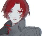  1boy arm_up curtained_hair gloves kamishiro_nagisa looking_at_viewer lower_eyelashes_only male_focus parted_lips persona persona_5 persona_5:_the_phantom_x popped_collar red_eyes red_hair shion_(reira) simple_background solo unfinished upper_body white_background wonder_(p5x) 