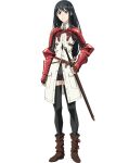  1girl angeline_(s-rank_musume) armor belt black_hair boots boukensha_ni_naritai_to_miyako_ni_deteitta_musume_ga_s_rank_ni_natteta brown_boots brown_eyes closed_mouth fingerless_gloves full_body gauntlets gloves holding holding_sword holding_weapon long_hair long_sleeves looking_up sheath sheathed shibata_jun short_shorts shorts shoulder_armor simple_background solo standing straight_hair sword tachi-e thighhighs thighs transparent_background weapon 