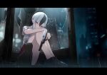  1girl black_cat black_hair black_shoes blue_archive broken_glass cat city commentary_request demon_horns ear_piercing glass gun h&amp;k_p30 handgun highres holding holding_gun holding_weapon horns kayoko_(blue_archive) knees_up multicolored_hair no_halo nzdwarf piercing rain red_eyes red_skirt shirt shoes short_sleeves sitting skirt weapon wet wet_clothes white_hair white_shirt 