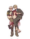  1girl 2boys black_jacket black_pants black_shoes blonde_hair blue_eyes brown_shorts carrying carrying_person cheek_pull closed_eyes closed_mouth earrings full_body gachiakuta haori highres jacket japanese_clothes jewelry layered_sleeves long_hair long_sleeves multiple_boys open_mouth pants pink_hair remonucha riyo_reaper rudo_surebrec shoes short_over_long_sleeves short_sleeves shorts simple_background smile standing tassel tassel_earrings very_long_hair white_background wolf_cut zanka_nijiku 