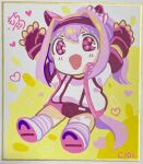  1girl :d animal_ears arms_up bandaid bandaid_on_leg blush bow buruma chibi commentary_request ear_bow fingerless_gloves flower-shaped_pupils full_body gloves gym_shirt gym_uniform hairband haru_urara_(umamusume) heart highres horse_ears horse_girl horse_tail horseshoe jacket long_hair looking_at_viewer moko39_takasora open_clothes open_jacket photo_(medium) pink_hair ponytail purple_eyes purple_gloves red_buruma red_hairband shikishi shirt shoe_soles shoes signature smile socks solo striped_clothes striped_socks symbol-shaped_pupils tail traditional_media umamusume white_bow white_jacket white_shirt white_shoes 