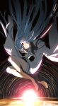  1girl aquwa black_shirt blue_hair boots brown_boots floating_hair highres indie_virtual_youtuber jacket long_hair long_sleeves looking_at_viewer pointy_ears red_eyes shirt sleeveless sleeveless_shirt star_trail sun tanziya_(codlxcold) very_long_hair virtual_youtuber white_jacket wide_sleeves 