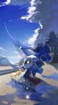  1boy blue_cape blue_shoes blue_sky cape cloud commentary_request day different_reflection full_body gloves halberd_(airship) hashtag-only_commentary highres holding holding_sword holding_weapon kirby&#039;s_adventure kirby_(series) mask meta_knight n4_sukihoudai no_humans outdoors reflection reflective_water shoes shoulder_guard sky solid_circle_eyes solo sparkle standing sword weapon white_gloves wings yellow_eyes 