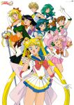  1990s_(style) 6+girls aino_minako aqua_eyes aqua_hair aqua_sailor_collar aqua_skirt arm_up back_bow bangs bishoujo_senshi_sailor_moon black_hair black_skirt blonde_hair blue_eyes blue_hair blue_sailor_collar bow brooch brown_hair chibi_usa choker collar crescent crescent_earrings earrings eyebrows_visible_through_hair garnet_rod green_eyes green_hair green_skirt hair_bobbles hair_bow hair_cones hair_ornament heart heart_brooch heart_choker heart_wand high_ponytail highres hino_rei jewelry kino_makoto leotard light_brown_hair logo long_hair magical_girl medium_hair miniskirt mizuno_ami multiple_girls non-web_source official_art open_mouth orange_sailor_collar orange_skirt pink_hair pink_moon_stick pink_sailor_collar pink_skirt pleated_skirt profile red_collar red_eyes retro_artstyle sailor_chibi_moon sailor_collar sailor_jupiter sailor_mars sailor_mercury sailor_moon sailor_pluto sailor_senshi sailor_venus short_hair simple_background skirt smile spiral_heart_moon_rod super_sailor_moon tiara tsukino_usagi twintails very_long_hair white_background 