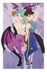  2girls acecore2k animal_print back-to-back bat_print black_leotard blue_vest boots breasts chun-li darkstalkers demon_wings double_bun green_eyes green_hair hair_bun head_wings high_heel_boots high_heels highres leotard long_hair marvel_vs._capcom morrigan_aensland multiple_girls pantyhose pink_pantyhose print_pantyhose short_hair smile street_fighter vest wings 