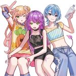  3girls ;d belt_collar black_shorts black_tank_top blonde_hair blue_hair blue_pants bottle braid braided_bun chestnut_mouth collar commentary_request crop_top cropped_shirt demon_tail fang feet_out_of_frame fingerless_gloves flower fyuu-ka gloves green_eyes hair_bun hair_flower hair_ornament hairclip hand_on_another&#039;s_thigh holding holding_bottle hololive hoshimachi_suisei invisible_chair jewelry leg_tattoo looking_at_viewer midriff momosuzu_nene multiple_girls navel one_eye_closed pants pink_skirt purple_hair ring short_sleeves shorts sitting skin_fang skirt smile star_(symbol) star_in_eye symbol_in_eye tail tank_top tattoo tokoyami_towa twin_braids twitter_username v virtual_youtuber water_bottle wolf_cut 