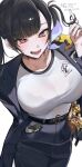  1girl absurdres artist_name black_choker black_hair blush bra_visible_through_clothes breasts choker contraband english_text goddess_of_victory:_nikke heart heart-shaped_pupils highres ichigo_choco46 jacket jewelry large_breasts long_hair looking_at_viewer open_clothes open_jacket open_mouth red_eyes see-through_clothes see-through_shirt shirt simple_background skirt smile solo sora_(nikke) symbol-shaped_pupils twintails twirling_hair twitter_username watermark white_background white_shirt 
