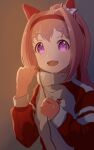  1girl :d animal_ears bow brown_background commentary ear_bow flower-shaped_pupils hairband hands_up haru_urara_(umamusume) highres horse_ears jacket long_hair long_sleeves looking_at_viewer moko39_takasora pink_hair puffy_long_sleeves puffy_sleeves purple_eyes red_hairband red_jacket sleeves_past_wrists smile solo symbol-shaped_pupils track_jacket umamusume upper_body white_bow 