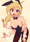  1girl animal_ears bare_shoulders black_bow black_bowtie black_hairband black_leotard blue_eyes bow bowtie breasts buttoned_cuffs buttons champagne_flute commentary cup detached_collar drinking_glass english_commentary extra_arms fake_animal_ears fangs hairband highres holding holding_cup leotard looking_at_viewer nelly_(xyronii) open_mouth original playboy_bunny rabbit_ears solo wine_glass wrist_cuffs xyronii yellow_background 