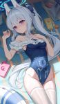  1girl alternate_breast_size animal_ears beach_towel blue_archive blue_halo blue_one-piece_swimsuit blush breasts cameltoe casual_one-piece_swimsuit cellphone chelly_(glisten_chelly) commentary_request covered_navel fake_animal_ears frilled_one-piece_swimsuit frills grey_hair halo headgear highleg highleg_one-piece_swimsuit highres large_breasts long_hair looking_at_viewer lotion lying miyako_(blue_archive) miyako_(swimsuit)_(blue_archive) off-shoulder_one-piece_swimsuit off_shoulder official_alternate_costume on_back one-piece_swimsuit parted_lips phone purple_eyes rabbit_ears side_ponytail smartphone smartphone_case solo suggestive_fluid sunscreen swim_ring swimsuit thighhighs towel transparent_bag very_long_hair white_thighhighs 
