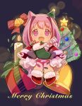  1girl :d animal_ears bandaid bandaid_on_leg bell bow candle chibi christmas christmas_stocking christmas_tree commentary_request dress fire flower-shaped_pupils full_body fur_trim grey_mittens hair_intakes haru_urara_(umamusume) highres horse_ears looking_at_viewer merry_christmas mittens moko39_takasora pink_hair purple_eyes red_bow red_shoes shoes sitting smile solo star_(symbol) symbol-shaped_pupils umamusume white_bow white_dress 