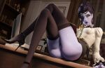  3d belt black_thighhighs blender_(medium) colored_skin crossed_legs desk eyewear_on_head glasses high_heels looking_to_the_side nianbingzi no_panties non-web_source official_alternate_costume on_desk overwatch photo_(medium) photoshop_(medium) ponytail purple_skin pussy shirt thighhighs white_shirt widowmaker_(overwatch) 