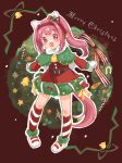  1girl :d animal_ears bell belt belt_buckle blush_stickers bow brown_belt buckle capelet christmas christmas_wreath commentary_request dress ear_bow fake_facial_hair fake_mustache flower-shaped_pupils full_body fur-trimmed_dress fur-trimmed_sleeves fur_trim green_capelet hairband haru_urara_(umamusume) highres horse_ears horse_girl horse_tail kneehighs long_hair long_sleeves merry_christmas mittens moko39_takasora neck_bell pigeon-toed pink_hair ponytail puffy_long_sleeves puffy_sleeves red_background red_bow red_dress red_eyes red_hairband shoes simple_background smile socks solo standing striped_bow striped_clothes striped_socks symbol-shaped_pupils tail umamusume white_hairband white_mittens white_shoes wreath 