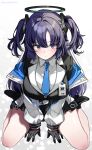  1girl black_gloves black_halo blue_archive blue_necktie breasts gloves hair_ornament halo highres id_card jacket large_breasts long_hair long_sleeves looking_at_viewer mechanical_halo necktie purple_eyes purple_hair shirt sitting solo triangle_hair_ornament two-sided_fabric two-sided_jacket two_side_up urabanasimati wariza white_shirt yuuka_(blue_archive) 