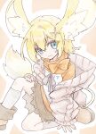  1girl animal_ears blonde_hair blue_eyes boots brown_boots brown_skirt emil_chronicle_online hair_ornament hairclip highres jacket mouse_ears mouse_girl mouse_tail orange_shirt sandrat_alma shirt simple_background sitting skirt socks tail white_jacket white_socks 