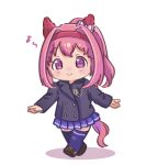  1girl animal_ears black_jacket bow brown_shoes chibi closed_mouth colored_shadow commentary_request ear_bow eighth_note flower-shaped_pupils full_body haru_urara_(umamusume) highres horse_ears horse_girl horse_tail jacket long_sleeves moko39_takasora musical_note pink_hair pleated_skirt ponytail purple_eyes purple_skirt purple_thighhighs shadow shoes simple_background skirt smile solo symbol-shaped_pupils tail thighhighs umamusume walking white_background white_bow 