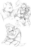  2boys absurdres arknights bandaid bandaid_on_face bandaid_on_nose bandana chameleon_boy chameleon_tail earpiece english_commentary ethan_(arknights) ethan_(infiltrator)_(arknights) furry furry_male greyscale headphones highres holding_hands hug hyena_boy hyena_ears hyena_tail injury jesuistae looking_at_another male_focus monochrome multiple_boys multiple_views open_mouth pointy_ears spot_(arknights) spot_(professional)_(arknights) tail yaoi 