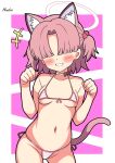  +++ 1girl absurdres alternate_breast_size animal_ear_fluff animal_ears artist_name bikini blue_archive blush bow bow_choker breasts cat_ears cat_girl cat_tail chlorella_observation_club_member_(blue_archive) chlorella_observation_club_member_(swimsuit)_(blue_archive) choker collarbone cowboy_shot faceless faceless_female facing_viewer grin groin hair_bobbles hair_ornament hair_over_eyes halo hands_up hendra highres medium_breasts micro_bikini navel parted_lips paw_pose pink_background pink_bikini pink_bow pink_hair pink_halo short_hair signature simple_background smile solo string_bikini striped_bikini striped_clothes swimsuit tail two_side_up white_choker 
