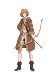  1girl ahoge anessa_(s-rank_musume) arrow_(projectile) blunt_bangs bob_cut boots boukensha_ni_naritai_to_miyako_ni_deteitta_musume_ga_s_rank_ni_natteta bow_(weapon) brown_boots brown_coat brown_eyes brown_hair closed_mouth coat collared_shirt drawing_bow full_body holding holding_bow_(weapon) holding_weapon hood hooded_coat long_sleeves looking_up open_clothes open_coat shibata_jun shirt short_hair simple_background smile solo standing thighs weapon white_shirt 