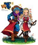  1boy 1girl 2025 :t absurdres aged_up alt_text anger_vein anlucea arm_behind_head black_thighhighs blonde_hair blue_eyes blue_gemstone blue_hair blue_pants boots borrowed_character brown_boots brown_hair closed_eyes clothes_grab commentary curly_hair dragon_quest dragon_quest_x earrings english_commentary gem gloves grass hairband highres holding holding_sword holding_weapon jewelry knee_pads long_hair looking_to_the_side metal_hairband multicolored_hair munchiez_0 neckwear_grab open_mouth original pants purple_scarf red_gloves red_tabard scarf scarf_grab sheath sheathed shirt silver_hairband skirt sphere_earrings sword tabard thighhighs twitter_username two-tone_hair weapon white_background white_shirt white_skirt zettai_ryouiki 