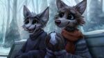  16:9 2020 anthro brown_body brown_fur canid canine clothed clothing detailed_background duo felid feline fur hi_res jacato mammal open_mouth outside pink_nose scarf sitting smile snowball topwear whiskers widescreen 