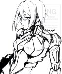  1girl android arm_mounted_weapon blame! breasts facial_mark forehead_mark highres looking_at_viewer mechanical_arms monochrome open_mouth safeguard_(blame!) sanakan short_hair sketch solo u_vp7 upper_body 