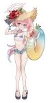  1girl absurdres bikini black_bikini blue_archive blue_eyes breasts halo heterochromia highres hoshino_(blue_archive) navel nyangpan pink_halo simple_background small_breasts solo swimsuit thighs white_background yellow_eyes 