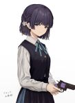  1girl absurdres blue_ribbon blue_skirt blue_vest closed_mouth collared_shirt cowboy_shot finger_on_trigger flower gakuen_idolmaster gun hair_flower hair_ornament half-closed_eyes hataya_misuzu hatsuboshi_gakuen_school_uniform highres holding holding_gun holding_weapon ibuki_(ibuki0118) idolmaster light_smile long_sleeves looking_at_viewer mole mole_under_mouth neck_ribbon pleated_skirt purple_eyes purple_hair revolver ribbon school_uniform shirt short_hair skirt smile solo translation_request vest weapon white_background white_shirt 
