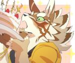  2025 anthro blush brown_body brown_fur cake canid canine canis clothed clothing dessert food fur green_eyes hi_res hoodie jackal lifewonders male mammal nokia1124_a open_mouth seth_(tas) simple_background solo striped_body striped_fur stripes tokyo_afterschool_summoners topwear white_body white_fur 