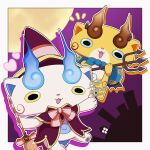  artist_name dated halloween_costume hat highres holding holding_pitchfork kannatuki_getto komajirou komasan looking_at_viewer no_humans open_mouth orange_fur pitchfork signature white_fur witch_hat youkai_(youkai_watch) youkai_watch 