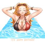  1girl absurdres alternate_costume armpits arms_behind_head arms_up astraphi bangle bare_shoulders bead_bracelet beads bikini birthday black_bikini blush bracelet breasts cleavage closed_eyes closed_mouth collarbone dated earrings eyewear_on_head facing_viewer glint hair_slicked_back happy_birthday highres jewelry large_breasts log_pose long_hair multicolored_bikini nami_(one_piece) necklace one_piece orange_hair partially_submerged red_bikini shoulder_tattoo signature smile solo straight_hair sunglasses swimsuit tattoo two-tone_bikini upper_body water wavy_hair 