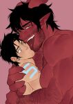  2boys arm_hair bara black_hair body_markings colored_skin demon_boy dominique_(the_devil_and_s-13) hairy horns hug licking licking_another&#039;s_face looking_at_viewer male_focus multiple_boys muscular muscular_male one_eye_closed pointy_ears red_background red_skin simple_background size_difference smile steen_(the_devil_and_s-13) suyohara teeth the_devil_and_s-13 tongue tongue_out yaoi yellow_eyes 
