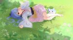  1girl :3 absurdres animal_ears barefoot black_bow blurry blush bow braid cappu_chino1204 clenched_hand commentary_request crown_braid dappled_sunlight day depth_of_field eyebrows_hidden_by_hair feet fingernails flower frilled_kimono frilled_skirt frills full_body grass hair_between_eyes hair_bow hair_ribbon hair_spread_out hand_up highres inari_(summer_pockets) japanese_clothes kimono legs_together long_hair long_sleeves looking_at_viewer lying medium_skirt nature nontraditional_miko on_grass on_side one_eye_closed open_mouth outdoors parted_lips pink_eyes pink_skirt red_eyes red_ribbon ribbon ringed_eyes rubbing_eyes sash skirt sleepy smile solo sorakado_ao summer_pockets sunlight toes torn waking_up white_flower white_kimono wide_sleeves yellow_bow yellow_sash 
