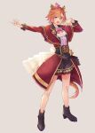  1girl :d absurdres animal_ear_piercing animal_ears black_boots black_skirt boots bow bowtie cloak commentary_request crown frilled_skirt frills full_body grey_background hand_up high_heel_boots high_heels highres horse_ears horse_girl horse_tail long_sleeves nnmkmwakaranai open_mouth orange_hair outstretched_arm pink_bow pink_bowtie pink_crown purple_eyes red_cloak short_hair simple_background skirt smile solo standing t.m._opera_o_(racehorse) tail umamusume 