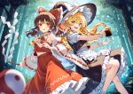  2girls :d apron armpits ascot black_hat black_skirt black_vest blonde_hair bow braid brown_hair chest_sarashi collared_shirt commentary_request day detached_sleeves fireflies forest frilled_bow frilled_hair_tubes frilled_shirt_collar frilled_skirt frills gohei hair_bow hair_tubes hakurei_reimu hat hat_bow highres holding holding_gohei holding_ofuda kirisame_marisa long_hair long_sleeves looking_at_viewer mini-hakkero multiple_girls murasaki_atsushi nature navel open_mouth orb outdoors puffy_short_sleeves puffy_sleeves red_bow red_eyes red_ribbon red_shirt red_vest ribbon ribbon-trimmed_sleeves ribbon_trim sarashi shirt short_sleeves side_braid single_braid skirt skirt_set sleeveless sleeveless_shirt smile touhou vest waist_apron white_apron white_bow white_shirt wide_sleeves witch_hat wrist_cuffs yellow_ascot yellow_eyes yin_yang yin_yang_orb 