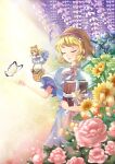  1girl absurdres alice_margatroid anemone_(flower) blonde_hair blue_dress blue_eyes blue_flower blue_ribbon book bow bug butterfly capelet closed_eyes daisy_(flower) doll dress emloste flower flower_basket frilled_headwear frilled_ribbon frills grimoire hairband highres holding holding_book open_mouth outstretched_hand peony_(flower) pink_flower red_bow red_hairband red_ribbon ribbon rose shanghai_doll short_hair smile solo sunflower touhou tulip white_capelet wisteria yellow_background yellow_butterfly 