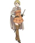  1girl anime_coloring blonde_hair blue_eyes boots boukensha_ni_naritai_to_miyako_ni_deteitta_musume_ga_s_rank_ni_natteta breasts brown_boots brown_gloves cloak collared_shirt commentary_request dress earrings full_body gloves holding holding_sword holding_weapon jewelry long_sleeves looking_at_viewer sasha_bordeaux sheath sheathed shibata_jun shirt smile solo sword thighs weapon white_shirt zettai_ryouiki 