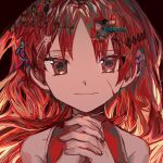  1girl blood blood_on_face closed_mouth fingernails gekidan_inu_curry_(style) highres kyubey long_hair looking_at_viewer madoka_runes mahou_shoujo_madoka_magica own_hands_clasped own_hands_together patterned_hair portrait red_eyes red_hair sakura_kyoko smile solo very_long_hair yadu_nadu 