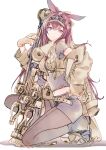  1girl absurdres animal_ears arknights belt black_shirt black_shorts brown_belt brown_gloves brown_jacket brown_pantyhose closed_mouth commentary full_body gloves highres jacket long_hair long_sleeves maki-no midriff navel off_shoulder on_one_knee one-hour_drawing_challenge pantyhose pink_hair purple_eyes ray_(arknights) shirt short_sleeves shorts simple_background solo visor_cap white_background 
