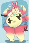  animal_crossing anthro belly big_belly big_breasts blue_background blue_eyeshadow blush bottomwear breasts canid canine canis ccloverss claws clothing cutoffs denim denim_clothing dialogue disembodied_hand embarrassed eyeshadow fat_arms female freya_(animal_crossing) fur groping_breasts hand_on_breast hand_on_leg hand_on_stomach hand_on_thigh head_tuft hi_res knock-kneed makeup mammal mascara multicolored_body multicolored_fur nintendo obese obese_female orange_sclera overweight overweight_female pink_body pink_fur shirt shorts signature simple_background solo speech_bubble tan_body tan_fur tank_top thick_thighs topwear tuft two_tone_body two_tone_fur video_games wolf 