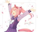  1girl :d ^_^ animal_ears arms_up back_bow bow bowtie closed_eyes commentary_request cowboy_shot dated ear_bow falling_petals happy_birthday haru_urara_(umamusume) headband horse_ears horse_girl horse_tail inset_border long_hair long_sleeves nnmkmwakaranai open_mouth petals pink_hair pleated_skirt ponytail purple_sailor_collar purple_shirt purple_skirt red_headband sailor_collar school_uniform shirt skirt smile solo tail tracen_school_uniform umamusume white_background white_bow white_bowtie 