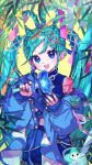  1girl aqua_hair aqua_nails blue_eyes blue_jacket blue_skirt blush braid commentary crop_top earrings hair_between_eyes hair_ornament hatsune_miku heart heart_earrings holding holding_microphone jacket jewelry long_hair long_sleeves looking_at_viewer magical_mirai_(vocaloid) magical_mirai_miku magical_mirai_miku_(2025) microphone moromoimaru official_alternate_costume official_alternate_hairstyle open_clothes open_jacket open_mouth skirt smile solo star_(symbol) star_hair_ornament twin_braids twintails very_long_hair vocaloid yellow_background 