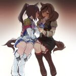  2girls animal_ears blue_ribbon blush boots bow bowtie brown_boots brown_eyes brown_hair closed_mouth dress ear_covers ear_ribbon epaulettes hand_on_another&#039;s_chin hand_under_clothes horse_ears horse_girl horse_tail juliet_sleeves knee_boots long_hair long_sleeves multicolored_hair multiple_girls nice_nature_(umamusume) nose_blush open_mouth ponytail puffy_sleeves ribbon sample_watermark simple_background single_epaulette sitting streaked_hair sweat tail tokai_teio_(umamusume) twintails umamusume utsuru4 watermark white_boots yuri 