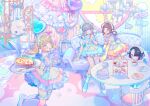  4girls :&lt; :d absurdres ahoge animal-themed_food animal_ears apron aqua_dress aqua_socks aqua_wrist_cuffs arched_bangs ascot asymmetrical_legwear balloon bandaid bandaid_on_knee bandaid_on_leg birdcage black_hair blonde_hair blue_bow blue_bowtie blue_eyes blue_garter_straps blue_hair blue_thighhighs blunt_bangs blush bow bow_legwear bowtie braid braided_hair_rings brown_hair cage cake cake_slice carpet cat cat_ears cat_hair_ornament chair chandelier cherry cherry_tomato closed_mouth cloud colored_shoe_soles colored_tips couch cross-laced_clothes cross-laced_dress cube cup cupcake curtains detached_sleeves double_bun drawn_heart drawn_wings dress empty_picture_frame flipped_hair food food_writing foot_out_of_frame frilled_apron frilled_dress frilled_socks frilled_thighhighs frilled_wrist_cuffs frills fruit full_body garter_straps gingham_bow grey_hair hair_bow hair_bun hair_ornament hair_over_one_eye hair_ribbon hair_rings hairclip head_on_table head_tilt heart heart-shaped_cake heart-shaped_food heart-shaped_pupils heart-shaped_window heart_balloon high_heels highres holding holding_food holding_fruit holding_tray ice_cream indoors ketchup kneeling knees_together_feet_apart legwear_garter lettuce long_hair long_sleeves looking_at_another looking_at_food looking_at_viewer macaron maid maid_cafe maid_headdress mary_janes medium_hair mismatched_legwear mismatched_socks mismatched_thighhighs multicolored_hair multiple_girls muntins napkin omelet omurice open_hand open_mouth original outstretched_arm pastel_colors paw_print peter_pan_collar petticoat picture_frame pinafore_dress pink_bow pink_dress pink_eyes pink_thighhighs plate puffy_long_sleeves puffy_short_sleeves puffy_sleeves pumps purple_ascot purple_bow purple_bowtie purple_dress purple_eyes purple_hair purple_ribbon purple_shoes purple_thighhighs ribbon sarasakuna see-through_curtains shirt shoes shooting_star short_dress short_hair short_sleeves sign signpost sitting sky sleeveless sleeveless_dress smile socks spoon standing standing_on_one_leg strawberry streaked_hair swiss_roll symbol-shaped_pupils table tea teacup thighhighs tiered_tray tiptoes tomato tray twintails uneven_legwear waist_apron waist_bow wallpaper_(object) whipped_cream white_apron white_cat white_shirt white_shoes white_wrist_cuffs window wrist_cuffs yellow_bow yellow_dress yellow_sky yume_kawaii 