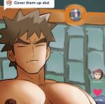  1boy bangs blurry boulder_badge brock_(pokemon) brown_hair chat_log closed_eyes closed_mouth commentary dark-skinned_male dark_skin dialogue_box english_commentary english_text heart highres idoraad large_pectorals male_focus meme misty_(pokemon) nipples pectorals pokemon pokemon_(game) pokemon_hgss pokemon_lgpe short_hair spiked_hair split_mouth topless_male twitter_username 