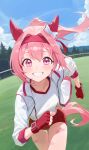  1girl animal_ears bandaid_on_thigh blue_sky blush bow buruma cloud cloudy_sky commentary day fingerless_gloves flower_in_eye gloves grin hair_bow hair_intakes haru_urara_(umamusume) headband highres horse_ears horse_girl horse_tail jacket long_hair long_sleeves looking_at_viewer omochiarts open_clothes open_jacket outdoors pink_bandaid pink_eyes pink_hair pink_headband pink_tail ponytail red_buruma red_gloves running shirt sky smile solo symbol_in_eye tail teeth thighs tree umamusume white_bow white_jacket white_shirt 