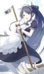  1girl absurdly_long_hair absurdres apron aqua_eyes aqua_halo aqua_ribbon aris_(blue_archive) aris_(maid)_(blue_archive) back_bow black_dress black_shoes blue_archive blue_hair bow capo7585 collared_dress commentary contrast_collar dress foot_out_of_frame frilled_apron frilled_dress frills gradient_hair hair_behind_ear halo high_ponytail highres holding holding_mop kei_(robot)_(blue_archive) light_blush long_hair long_sidelocks looking_at_viewer maid maid_apron maid_headdress mop multicolored_hair neck_ribbon official_alternate_costume official_alternate_hairstyle open_mouth pantyhose parted_bangs ponytail puffy_short_sleeves puffy_sleeves rectangular_halo ribbon shoes short_sleeves sidelocks simple_background smile solo tareme very_long_hair white_apron white_background white_bow white_headdress white_pantyhose 