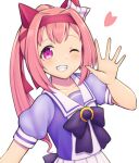  1girl animal_ears bow bowtie commentary ear_bow ear_covers flower_in_eye grin hair_intakes hairband hand_up haru_urara_(umamusume) highres horse_ears horse_girl jacket kinakonato long_hair looking_at_viewer one_eye_closed pink_hair ponytail purple_eyes smile solo symbol-only_commentary symbol_in_eye track_jacket umamusume waving 