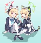  2girls animal_ear_headphones animal_ears apron aqua_background arm_support back_bow black_dress black_shoes black_tail blonde_hair blue_archive blue_bow blue_bowtie blush bow bowtie cat_ear_headphones cat_ears cat_tail collared_dress commentary contrast_collar dot_nose dress fake_animal_ears fake_tail frilled_apron frilled_dress frills from_behind full_body gradient_background green_bow green_eyes green_halo hair_bow halo hand_up headphones highres knee_up long_sleeves looking_at_viewer looking_back maid maid_apron maid_headdress midori_(blue_archive) midori_(maid)_(blue_archive) momoi_(blue_archive) momoi_(maid)_(blue_archive) multiple_girls official_alternate_costume official_alternate_hairstyle open_mouth panties panties_under_pantyhose pantyhose pantyshot parted_bangs pink_eyes pink_halo puffy_long_sleeves puffy_sleeves red_bow sealili0831 shadow shoes short_hair short_twintails siblings sidelocks simple_background sisters sitting smile sweatdrop tail thighband_pantyhose turning_head twins twintails underwear v v-shaped_eyebrows white_apron white_bow white_headdress white_panties white_pantyhose 